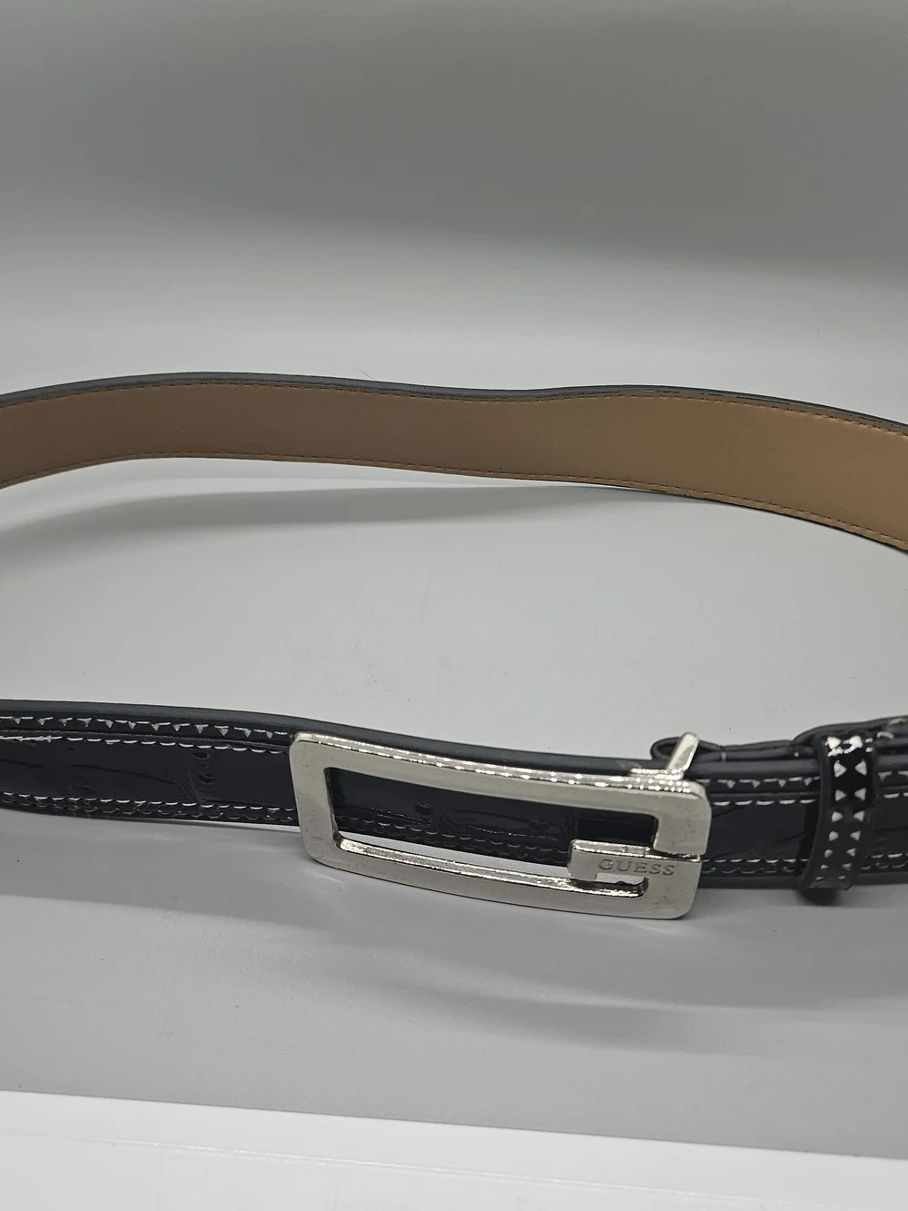 GUESS Womens Belt Size Small Black Patent Faux Croc Y2K Silver G Buckle 918076